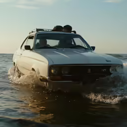 a couple is riding in the back of a white car in the water