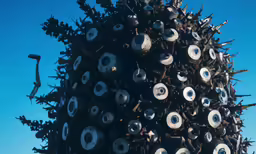 an elaborate sculpture with various round, eye - shaped objects attached to it