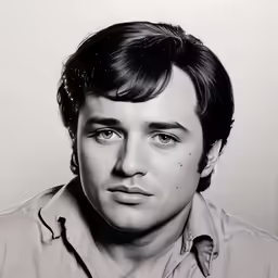 black and white photograph of young man with serious look