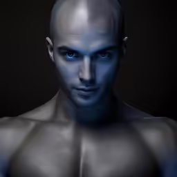 man with blue eye make up looking at camera