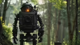 a robot with an eye patch sitting in a forest