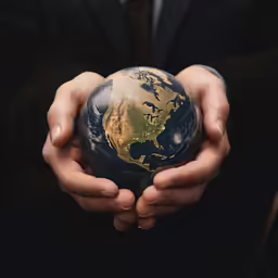 a person holding a small earth globe in his hands