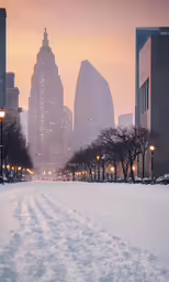 a long road with street lights and buildings in the background