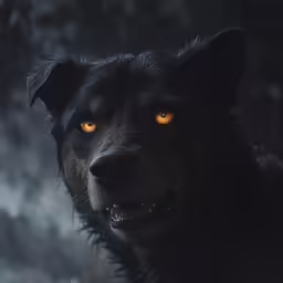 a close up shot of a black dog with a light orange eyes