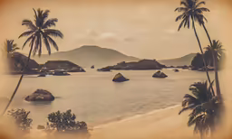 an old photo shows palm trees and a beach