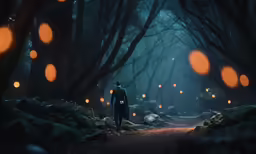 a man walking through an illuminated forest
