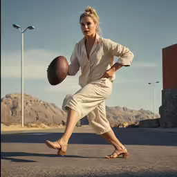 woman in the middle of a road holding a ball and basketball