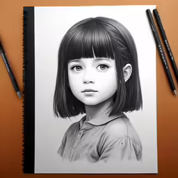 the drawing of a little girl has two pencils beside it