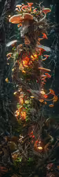 a very long tree trunk is surrounded by autumn leaves,a vertical photograph of plants and moths