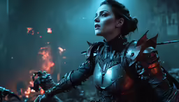 a woman in armor holding a sword and flames
