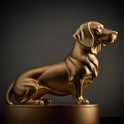 a golden statue of a dog standing on top of a shelf
