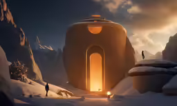 a sci - fiish, snow clad building with a light coming from its door