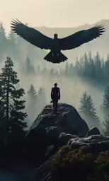 there is a bird flying over the man in a black jacket