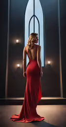 a beautiful woman in red standing inside of a church
