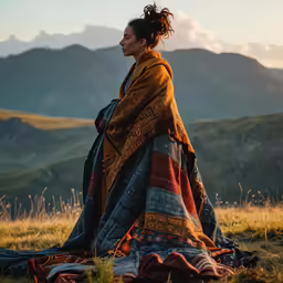 woman sitting in a field with mountains in the background