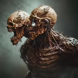 two skull like creatures with faces and noses covered in dark stuff