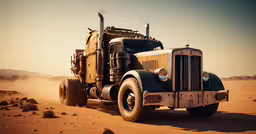 a large semi truck driving through the desert,an old truck rides on the sand in the desert
