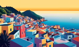 an oil painting of colorful houses on a hillside overlooking the ocean