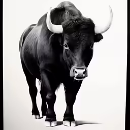 black and white photo of long - haired bull with big horns