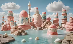 a photo taken in the water shows a variety of sculptures, including a large boat, building, and a lighthouse