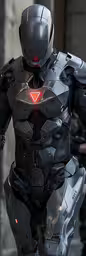 the robot man is wearing red laser eyes,a man in futuristic costume stands next to another man
