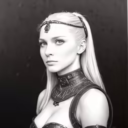 a woman dressed in a black and white outfit with chains