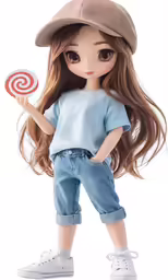doll holding a candy lollypop while posing for the camera