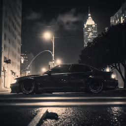 an automobile sits parked on a dark street