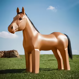 the toy horse has a long mane in its mouth