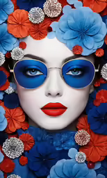 a woman wearing glasses and blue and red flowers around her