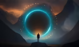 man standing alone in front of neon ring with mountains