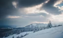 some clouds are rolling in over the trees in the snowy mountain