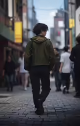 young man walking down the street in urban setting