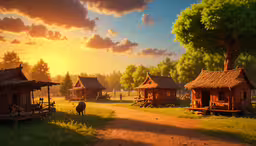 a few little wooden buildings in the middle of a field,three little cabins sitting next to a rural trail