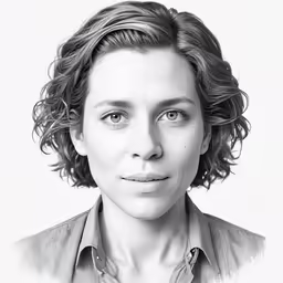 the drawing is done in charcoal and has a slight smile