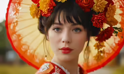 a woman in an asian outfit holding an orange umbrella