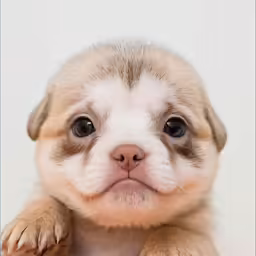 a brown puppy looking off to its right with a blue border around its neck