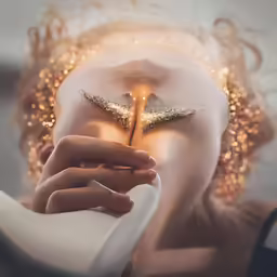 an angel holding a white handle next to a woman with golden wings