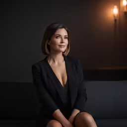 an attractive woman posing for a portrait wearing a black suit