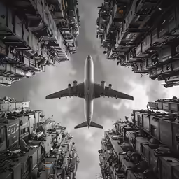 the airplane is flying over all the luggage
