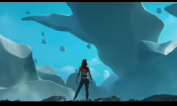 the girl is standing near rocks and some ice