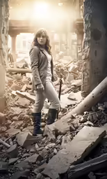 a woman stands among the rubble and rocks
