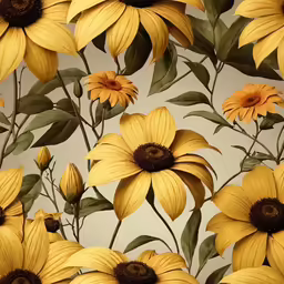 yellow sunflowers that are on a wallpapered room