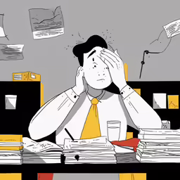 a man sits at a desk with stacks of books and papers in the air