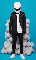 a man is standing on top of stacks of white balls
