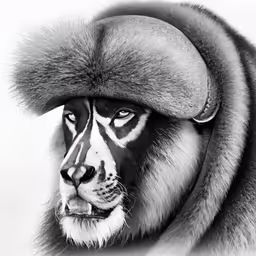 a zebra wearing a furry hat, looking down