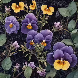 a group of purple and yellow flowers with green leaves