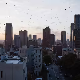 a sky view of a city with many birds in the air