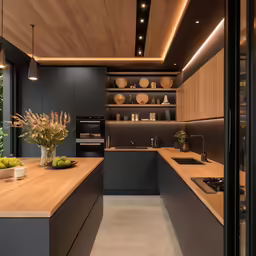 a modern looking kitchen has wooden flooring and counter top