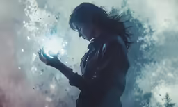 a person holding a glowing object with fog around